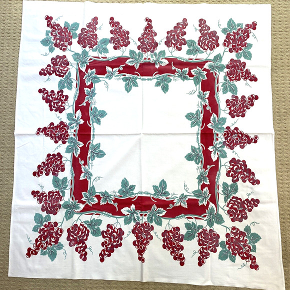 Vintage Mid Century Printed Cotton Tablecloth Red & Mint Green Grapevine Border - Picture 1 of 10